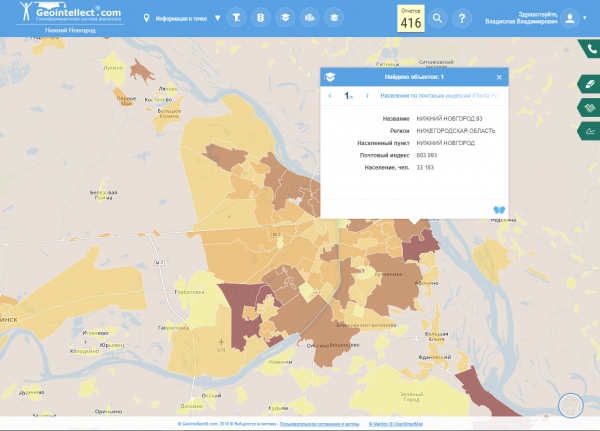 Численность населения по зонам индексов (Остальные города)